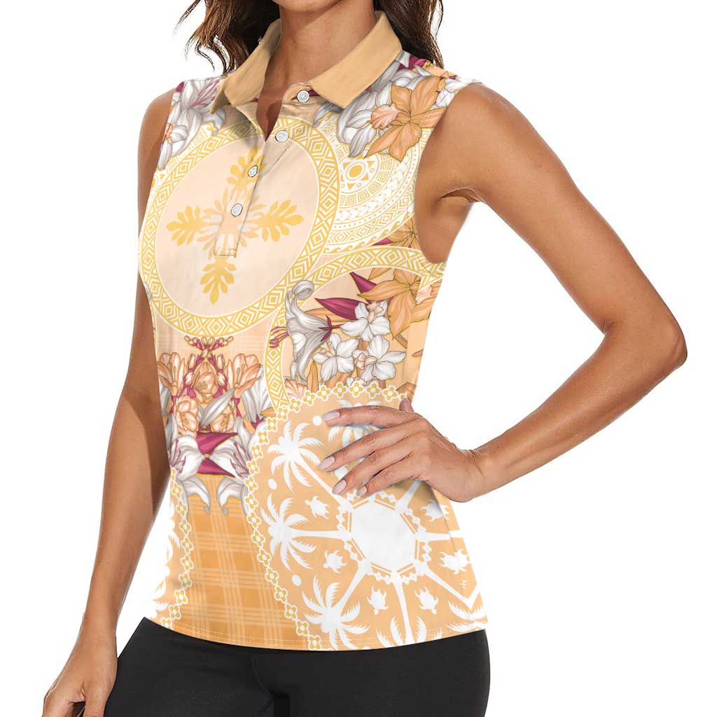 Hawaii Peach Palaka Women Sleeveless Polo Shirt With Tapa Pattern Tropical Flowers LT05 - Polynesian Pride