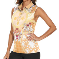 Hawaii Peach Palaka Women Sleeveless Polo Shirt With Tapa Pattern Tropical Flowers LT05 - Polynesian Pride