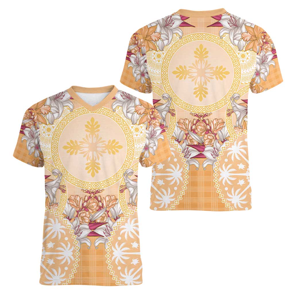 Hawaii Peach Palaka Women V-Neck T-Shirt With Tapa Pattern Tropical Flowers - Polynesian Pride