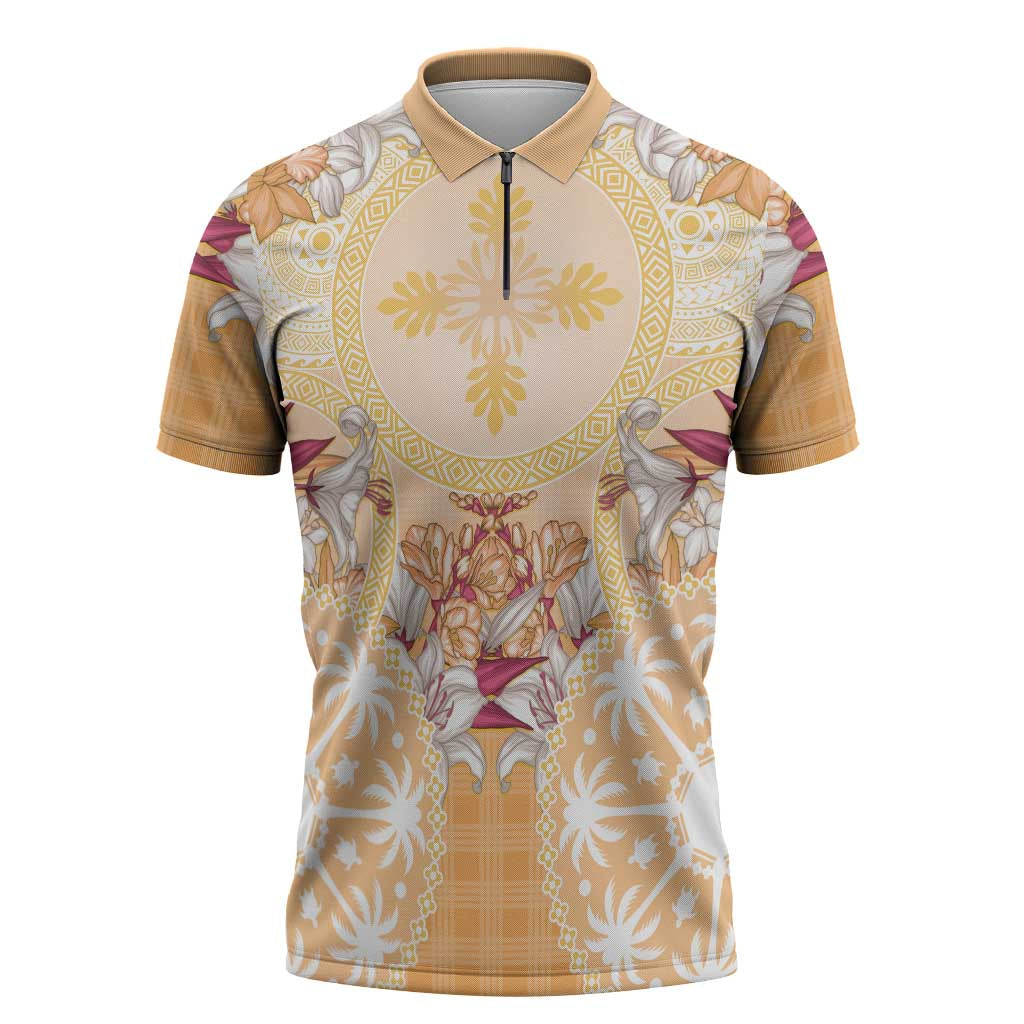 Hawaii Peach Palaka Zipper Polo Shirt With Tapa Pattern Tropical Flowers LT05 Peach - Polynesian Pride