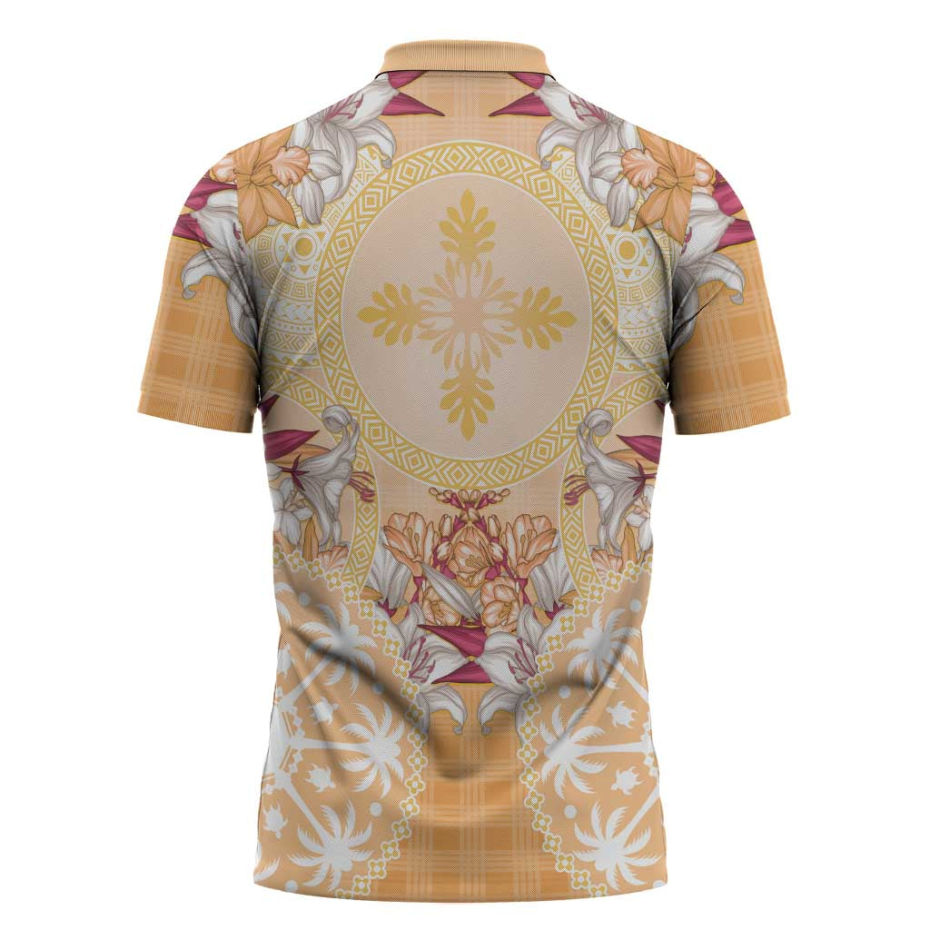 Hawaii Peach Palaka Zipper Polo Shirt With Tapa Pattern Tropical Flowers LT05 - Polynesian Pride