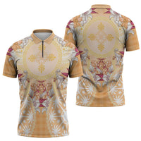 Hawaii Peach Palaka Zipper Polo Shirt With Tapa Pattern Tropical Flowers LT05 - Polynesian Pride
