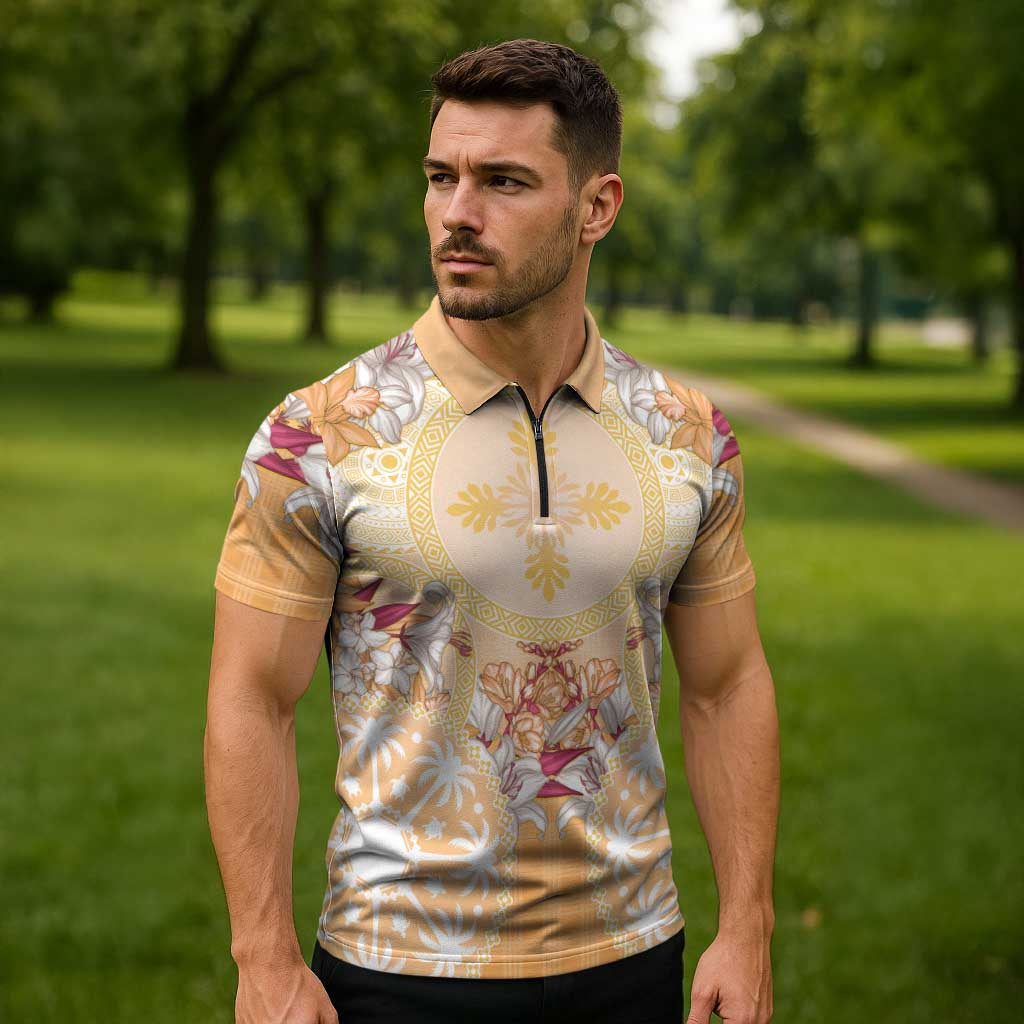 Hawaii Peach Palaka Zipper Polo Shirt With Tapa Pattern Tropical Flowers LT05 - Polynesian Pride