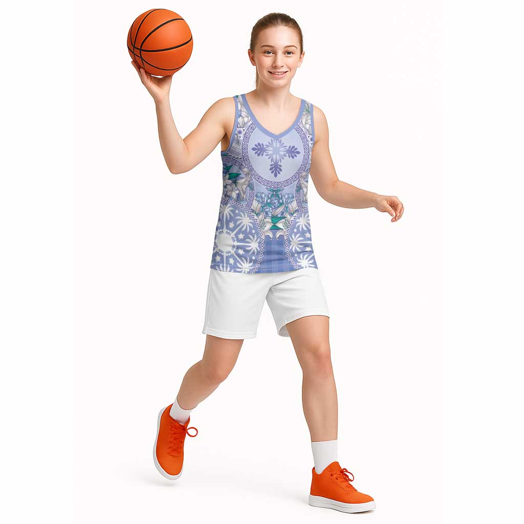 Hawaii Violet Palaka Basketball Jersey With Tapa Pattern Tropical Flowers - Polynesian Pride
