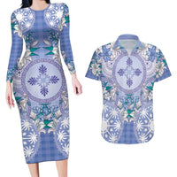 Hawaii Violet Palaka Couples Matching Long Sleeve Bodycon Dress and Hawaiian Shirt With Tapa Pattern Tropical Flowers - Polynesian Pride
