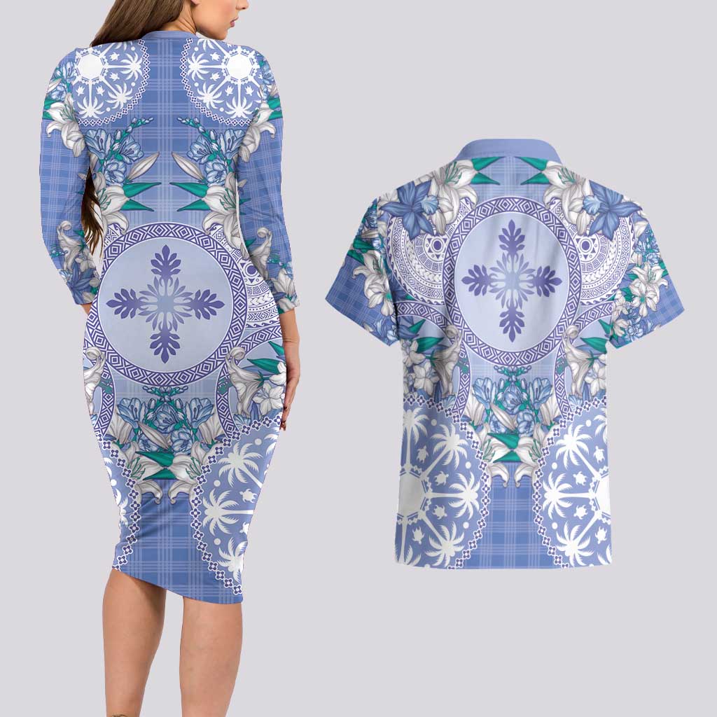 Hawaii Violet Palaka Couples Matching Long Sleeve Bodycon Dress and Hawaiian Shirt With Tapa Pattern Tropical Flowers - Polynesian Pride