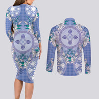 Hawaii Violet Palaka Couples Matching Long Sleeve Bodycon Dress and Long Sleeve Button Shirt With Tapa Pattern Tropical Flowers - Polynesian Pride
