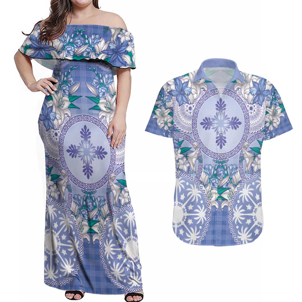 Hawaii Violet Palaka Couples Matching Off Shoulder Maxi Dress and Hawaiian Shirt With Tapa Pattern Tropical Flowers - Polynesian Pride