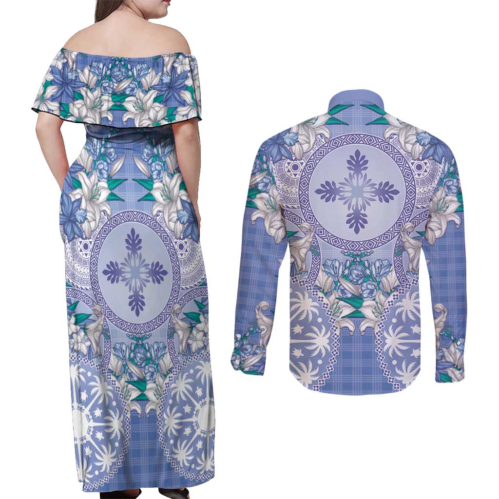 Hawaii Violet Palaka Couples Matching Off Shoulder Maxi Dress and Long Sleeve Button Shirt With Tapa Pattern Tropical Flowers - Polynesian Pride
