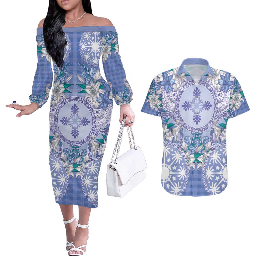 Hawaii Violet Palaka Couples Matching Off The Shoulder Long Sleeve Dress and Hawaiian Shirt With Tapa Pattern Tropical Flowers - Polynesian Pride