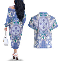 Hawaii Violet Palaka Couples Matching Off The Shoulder Long Sleeve Dress and Hawaiian Shirt With Tapa Pattern Tropical Flowers - Polynesian Pride