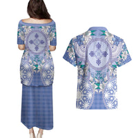 Hawaii Violet Palaka Couples Matching Puletasi and Hawaiian Shirt With Tapa Pattern Tropical Flowers LT05 - Polynesian Pride