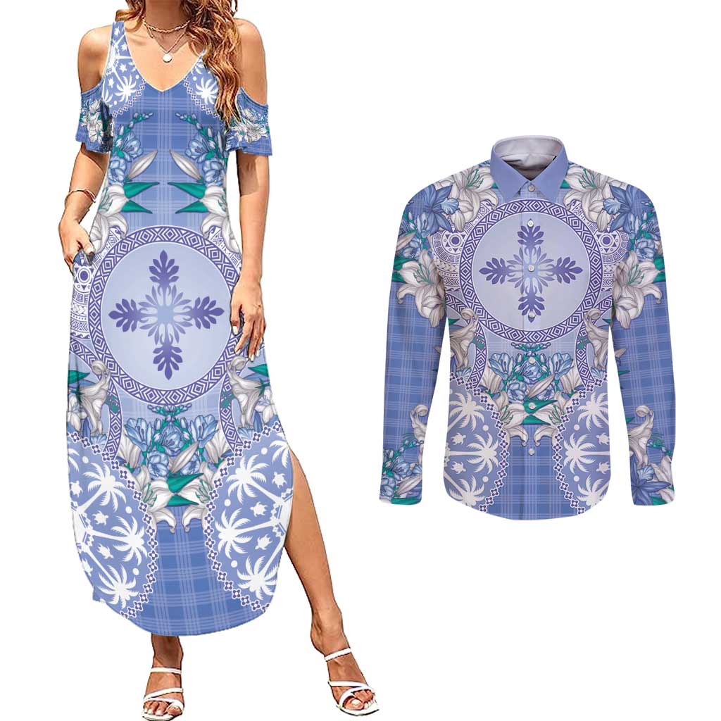 Hawaii Violet Palaka Couples Matching Summer Maxi Dress and Long Sleeve Button Shirt With Tapa Pattern Tropical Flowers - Polynesian Pride