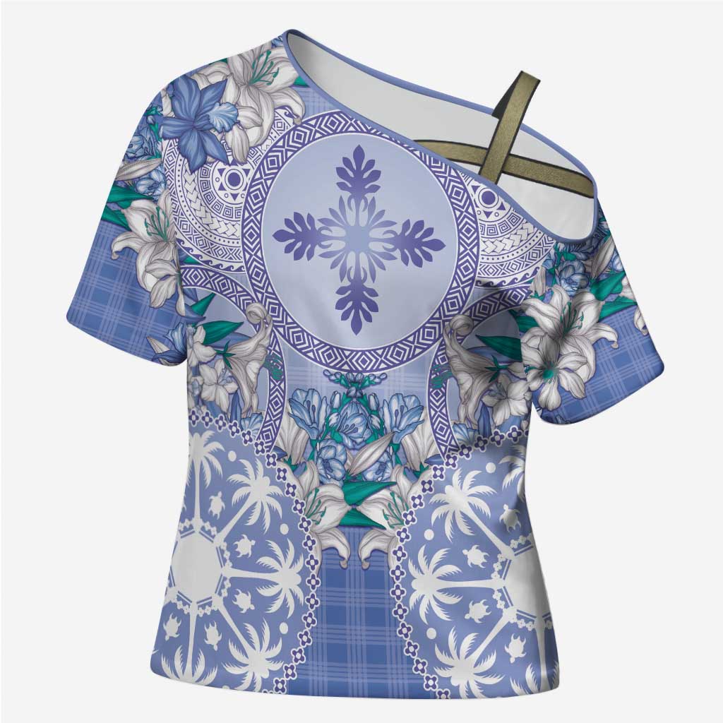 Hawaii Violet Palaka Cross Shoulder Shirt With Tapa Pattern Tropical Flowers LT05 Female Violet - Polynesian Pride