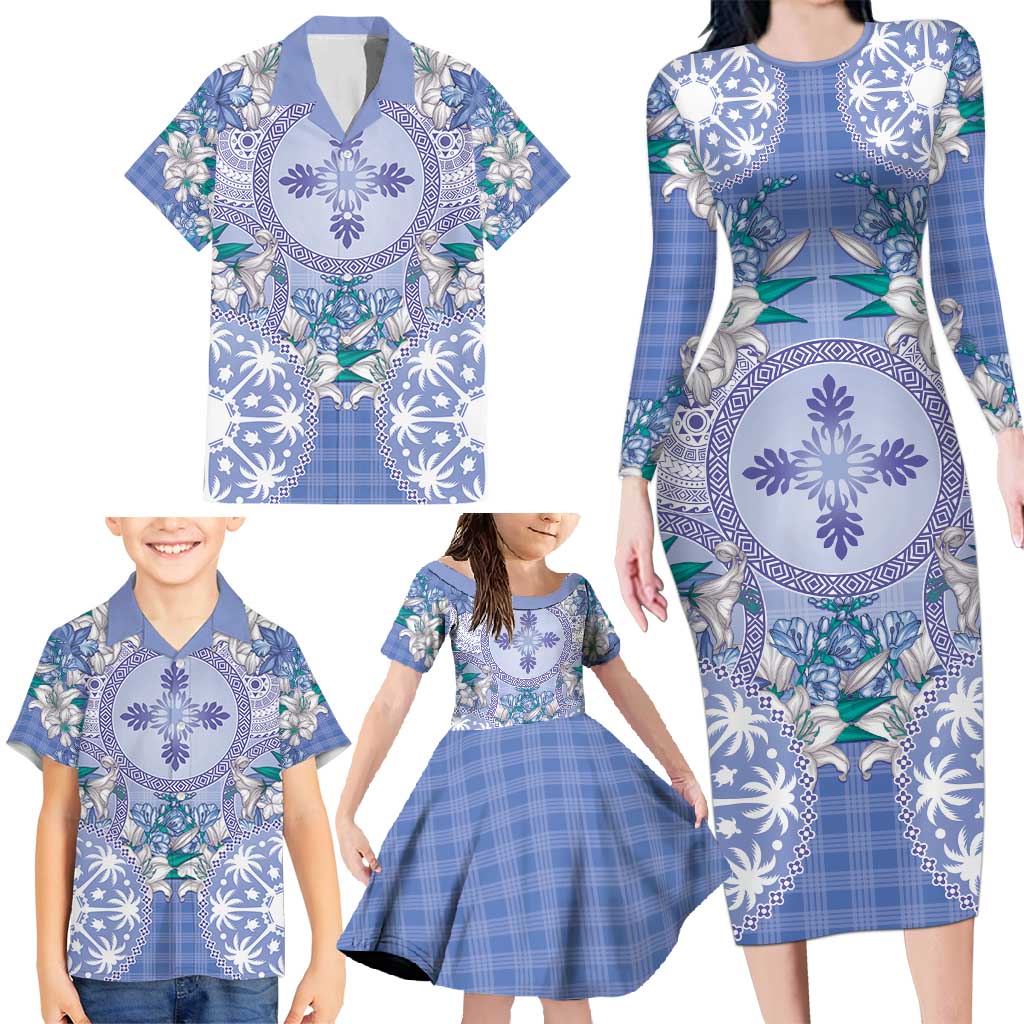 Hawaii Violet Palaka Family Matching Long Sleeve Bodycon Dress and Hawaiian Shirt With Tapa Pattern Tropical Flowers - Polynesian Pride