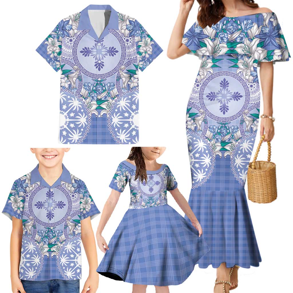 Hawaii Violet Palaka Family Matching Mermaid Dress and Hawaiian Shirt With Tapa Pattern Tropical Flowers - Polynesian Pride
