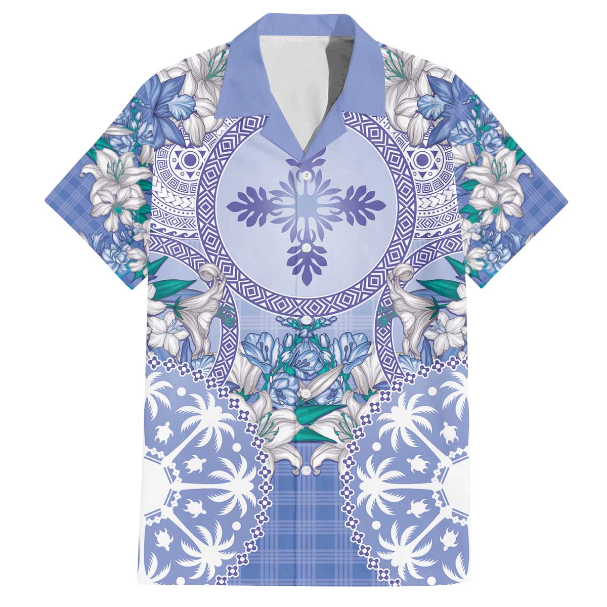 Hawaii Violet Palaka Family Matching Off The Shoulder Long Sleeve Dress and Hawaiian Shirt With Tapa Pattern Tropical Flowers - Polynesian Pride