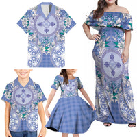 Hawaii Violet Palaka Family Matching Off Shoulder Maxi Dress and Hawaiian Shirt With Tapa Pattern Tropical Flowers - Polynesian Pride