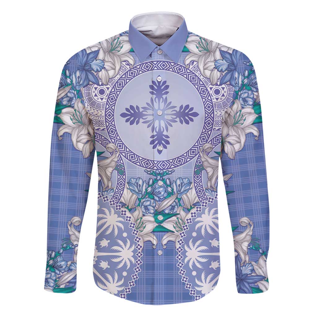 Hawaii Violet Palaka Family Matching Puletasi and Hawaiian Shirt With Tapa Pattern Tropical Flowers LT05 Dad's Shirt - Long Sleeve Violet - Polynesian Pride