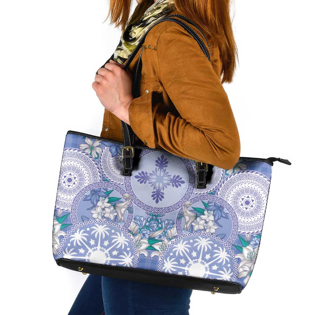Hawaii Violet Palaka Leather Tote Bag With Tapa Pattern Tropical Flowers - Polynesian Pride
