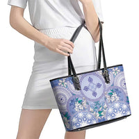 Hawaii Violet Palaka Leather Tote Bag With Tapa Pattern Tropical Flowers - Polynesian Pride