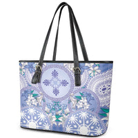 Hawaii Violet Palaka Leather Tote Bag With Tapa Pattern Tropical Flowers - Polynesian Pride