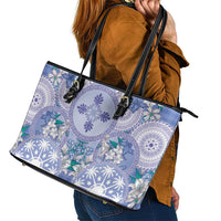 Hawaii Violet Palaka Leather Tote Bag With Tapa Pattern Tropical Flowers - Polynesian Pride
