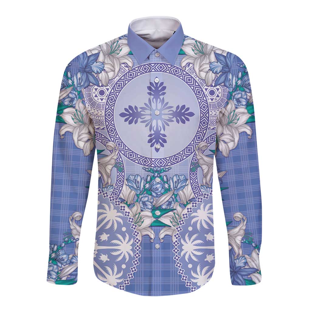 Hawaii Violet Palaka Long Sleeve Button Shirt With Tapa Pattern Tropical Flowers LT05 Unisex Violet - Polynesian Pride