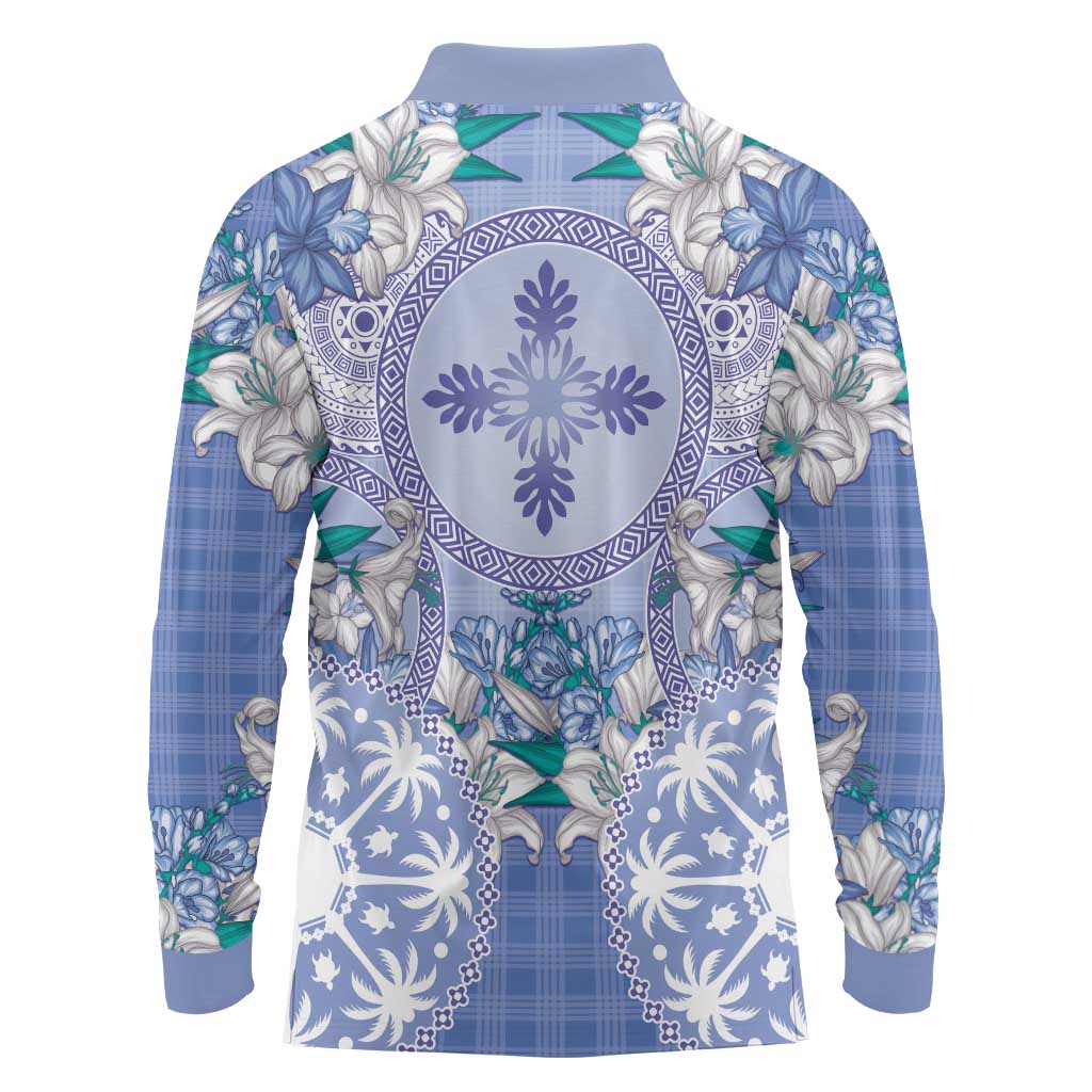 Hawaii Violet Palaka Long Sleeve Polo Shirt With Tapa Pattern Tropical Flowers LT05 - Polynesian Pride