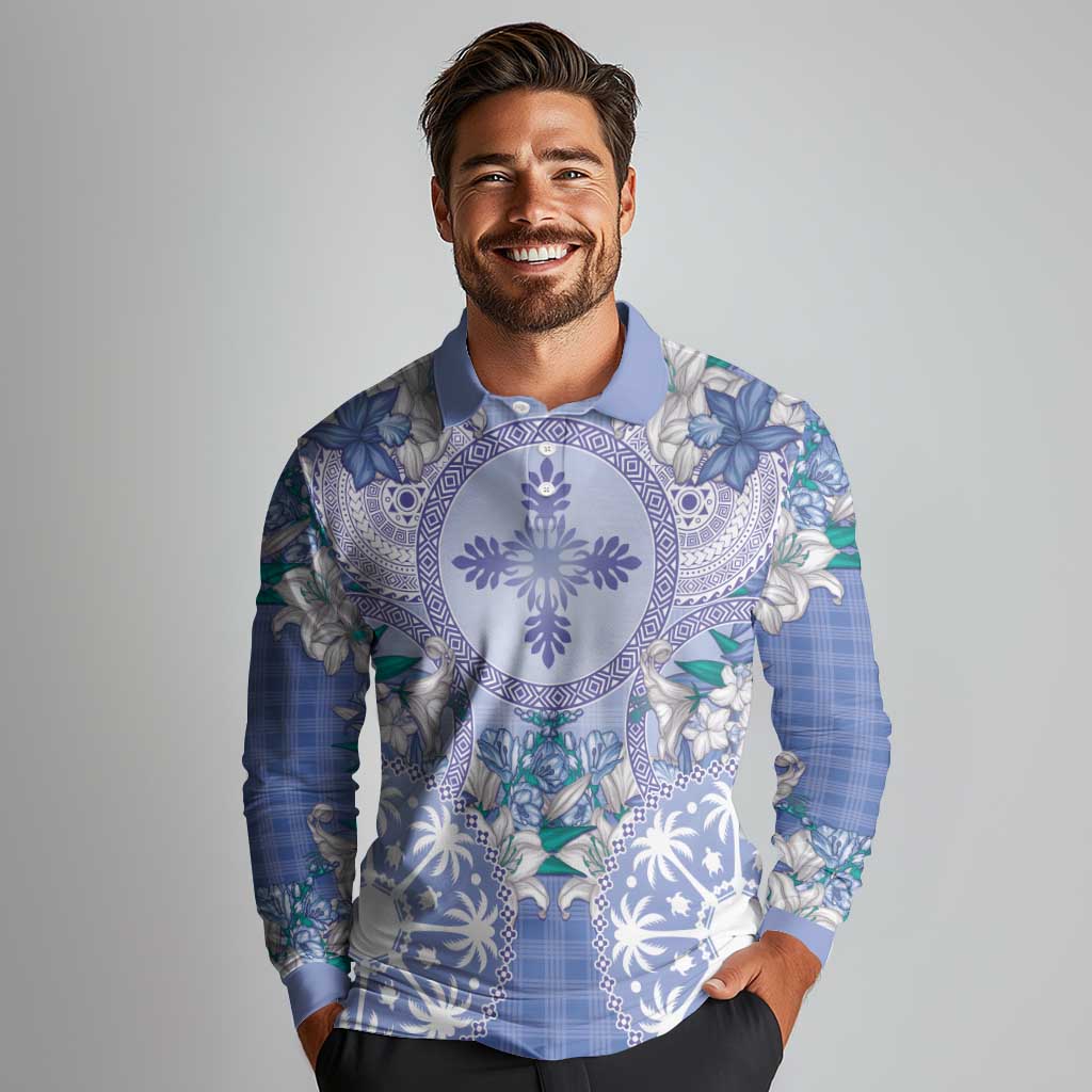 Hawaii Violet Palaka Long Sleeve Polo Shirt With Tapa Pattern Tropical Flowers LT05 - Polynesian Pride