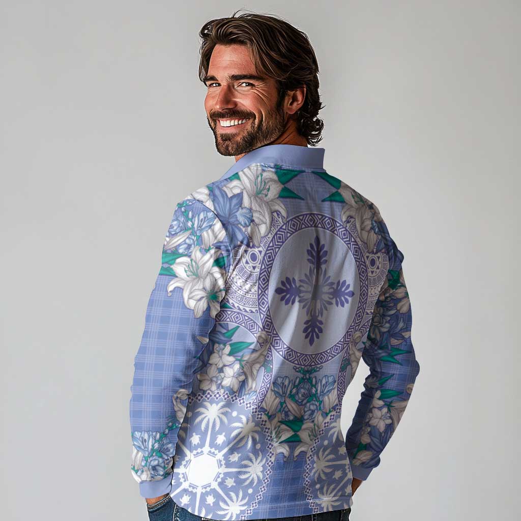 Hawaii Violet Palaka Long Sleeve Polo Shirt With Tapa Pattern Tropical Flowers LT05 - Polynesian Pride