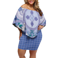 Hawaii Violet Palaka Off Shoulder Short Dress With Tapa Pattern Tropical Flowers - Polynesian Pride
