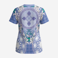 Hawaii Violet Palaka Scrub Top With Tapa Pattern Tropical Flowers - Polynesian Pride