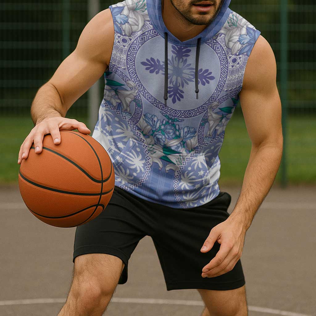 Hawaii Violet Palaka Sleeveless Hoodie With Tapa Pattern Tropical Flowers - Polynesian Pride