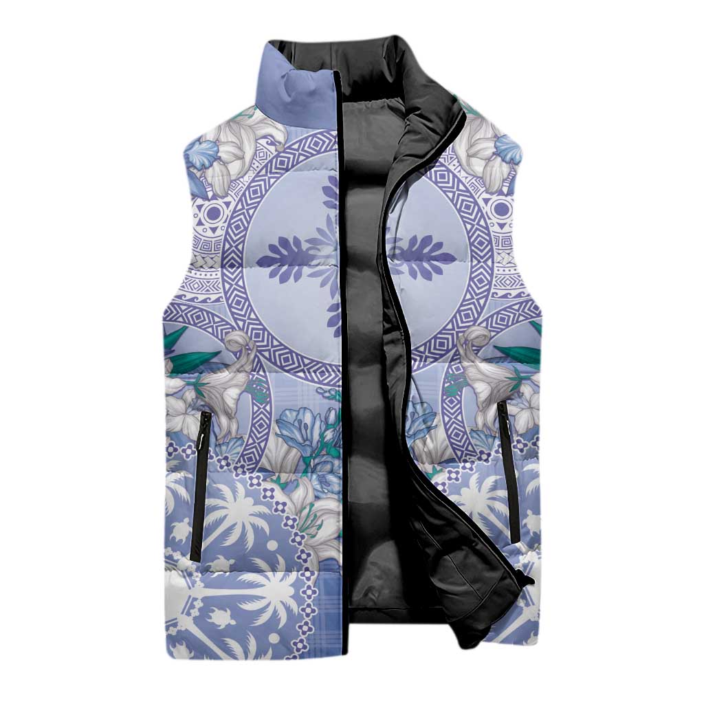 Hawaii Violet Palaka Sleeveless Puffer Jacket With Tapa Pattern Tropical Flowers - Polynesian Pride