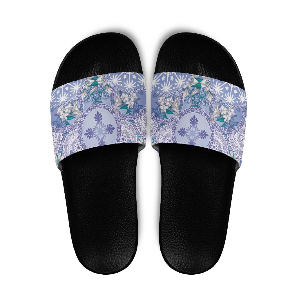 Hawaii Violet Palaka Slide Sandals With Tapa Pattern Tropical Flowers - Polynesian Pride
