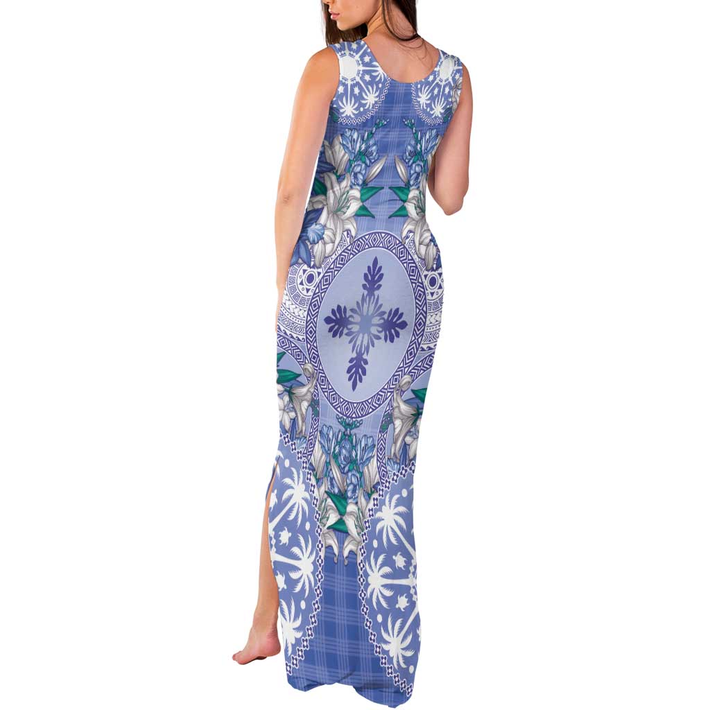 Hawaii Violet Palaka Tank Maxi Dress With Tapa Pattern Tropical Flowers - Polynesian Pride
