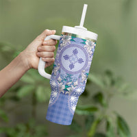 Hawaii Violet Palaka Tumbler With Handle With Tapa Pattern Tropical Flowers - Polynesian Pride