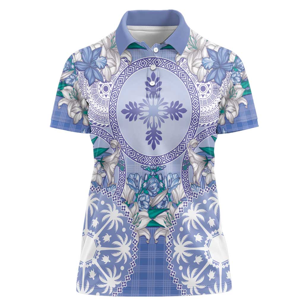 Hawaii Violet Palaka Women Polo Shirt With Tapa Pattern Tropical Flowers - Polynesian Pride