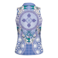 Hawaii Violet Palaka Women Sleeveless Polo Shirt With Tapa Pattern Tropical Flowers LT05 - Polynesian Pride