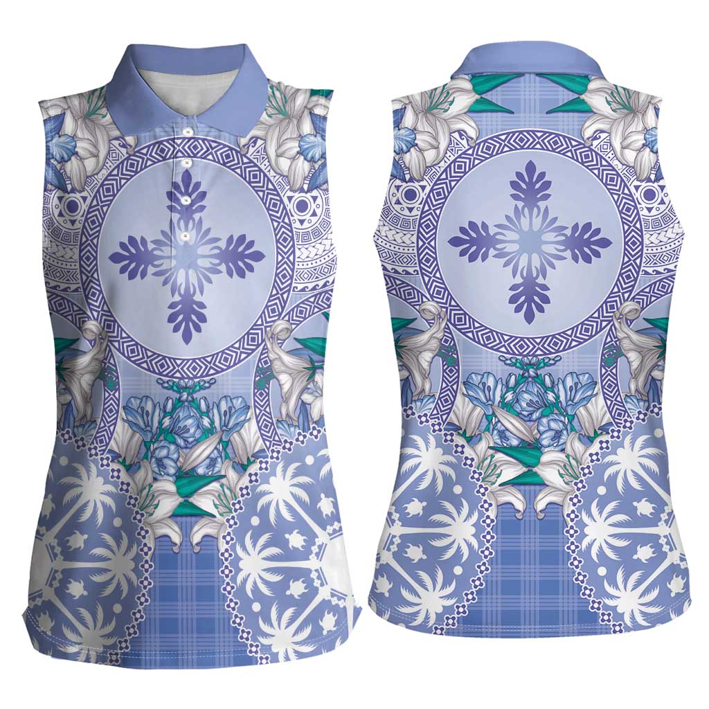 Hawaii Violet Palaka Women Sleeveless Polo Shirt With Tapa Pattern Tropical Flowers LT05 - Polynesian Pride