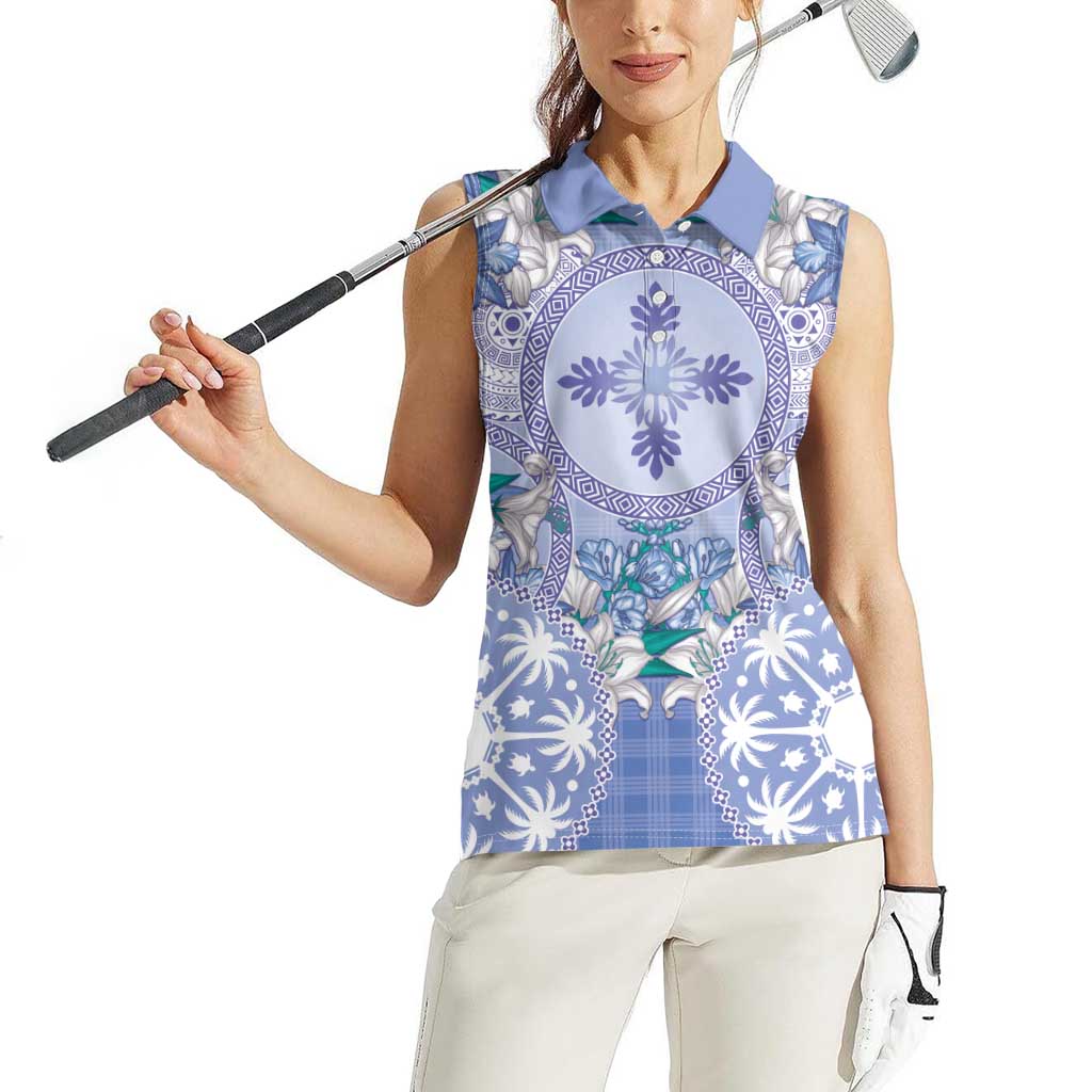 Hawaii Violet Palaka Women Sleeveless Polo Shirt With Tapa Pattern Tropical Flowers LT05 - Polynesian Pride
