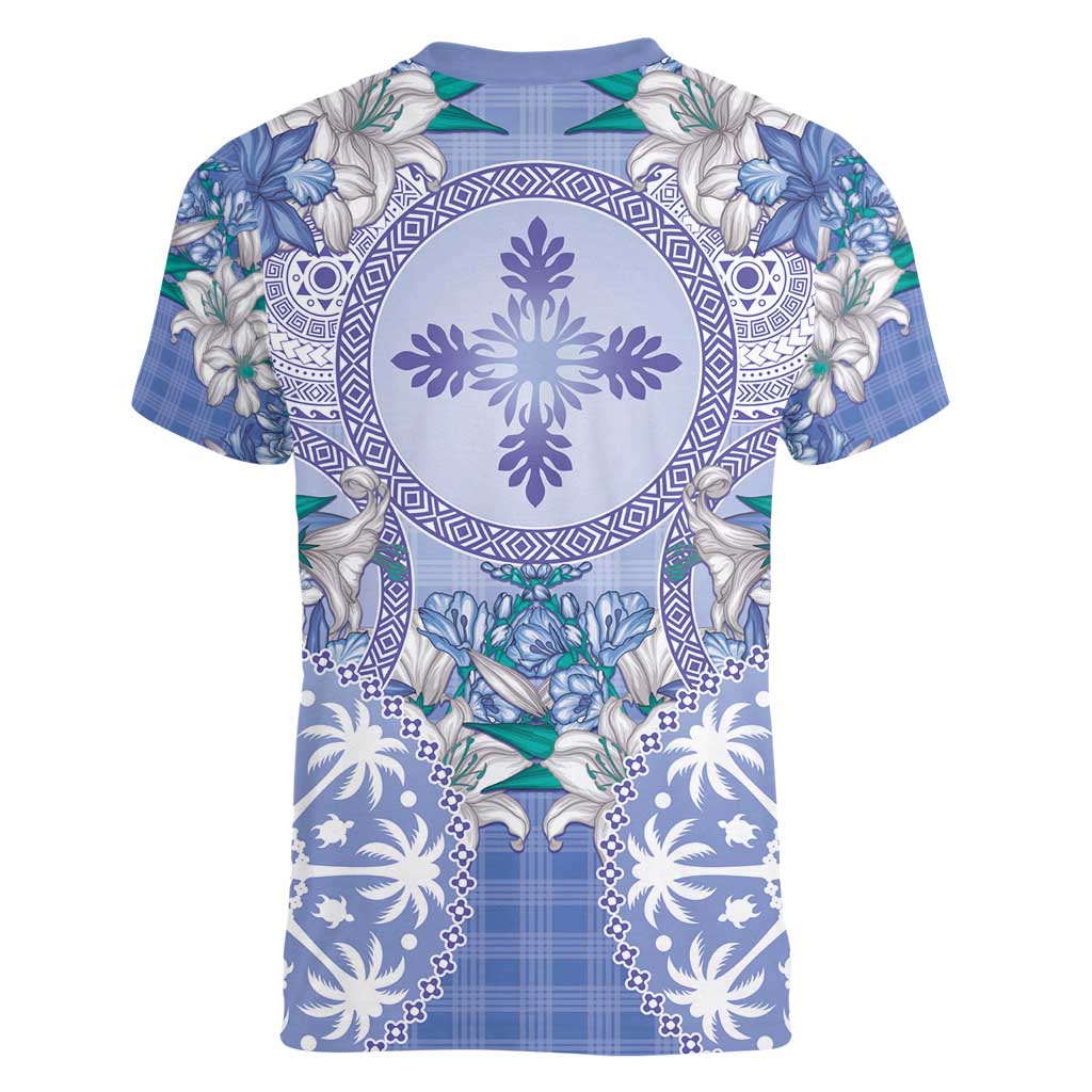 Hawaii Violet Palaka Women V-Neck T-Shirt With Tapa Pattern Tropical Flowers - Polynesian Pride