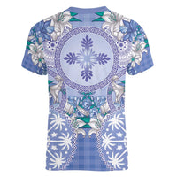 Hawaii Violet Palaka Women V-Neck T-Shirt With Tapa Pattern Tropical Flowers - Polynesian Pride