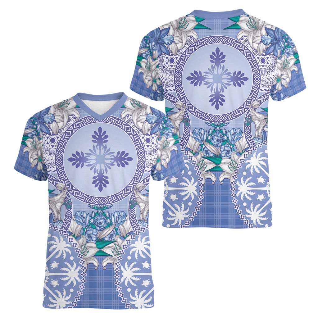 Hawaii Violet Palaka Women V-Neck T-Shirt With Tapa Pattern Tropical Flowers - Polynesian Pride