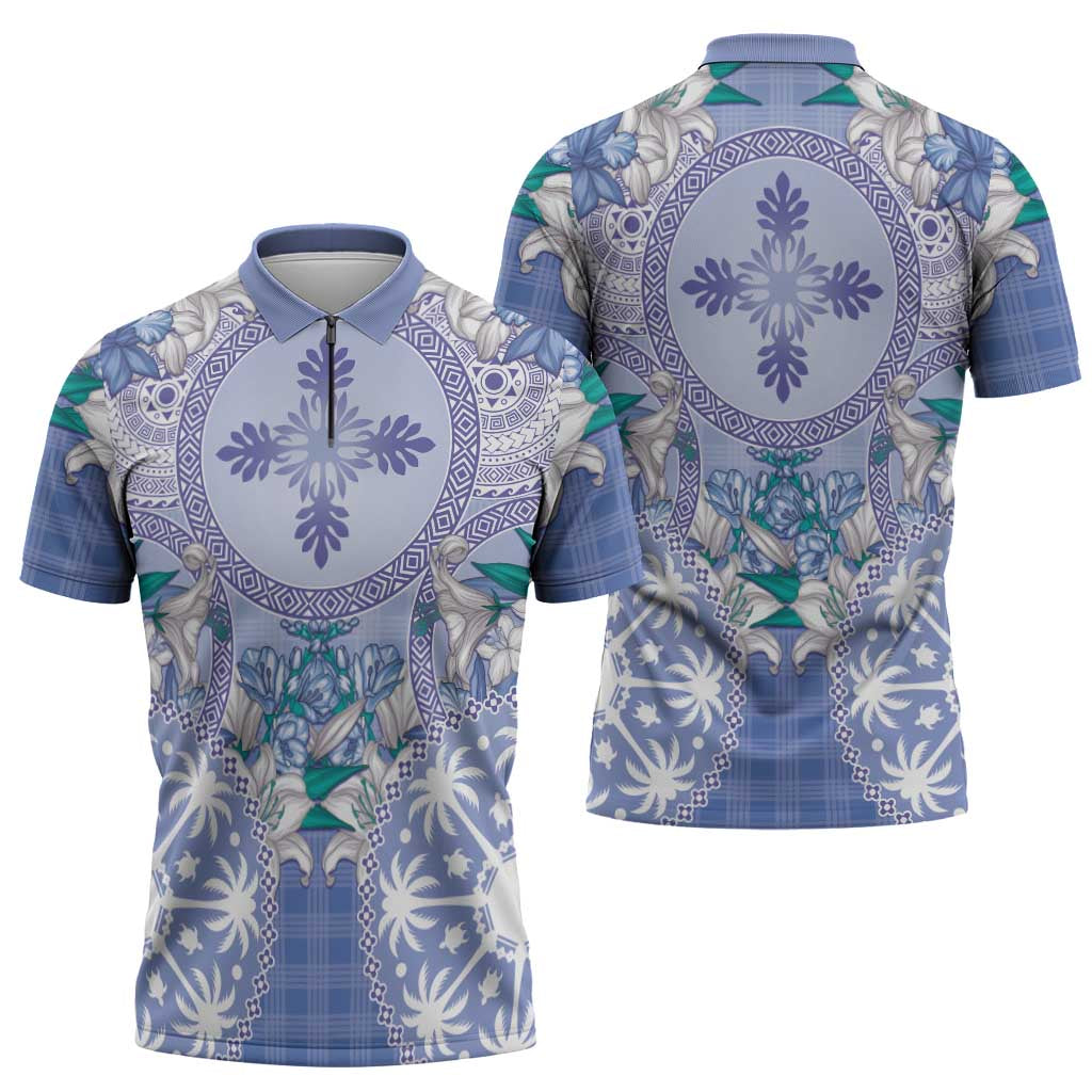 Hawaii Violet Palaka Zipper Polo Shirt With Tapa Pattern Tropical Flowers LT05 - Polynesian Pride