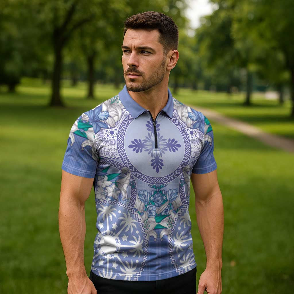 Hawaii Violet Palaka Zipper Polo Shirt With Tapa Pattern Tropical Flowers LT05 - Polynesian Pride