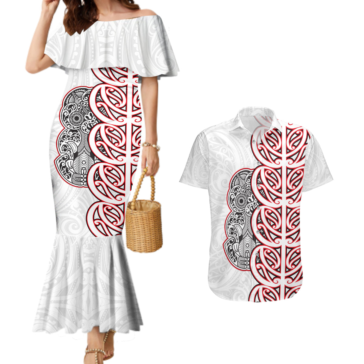 Aotearoa New Zealand Couples Matching Mermaid Dress and Hawaiian Shirt Maori Marae Pattern Tiki LT05 White - Polynesian Pride