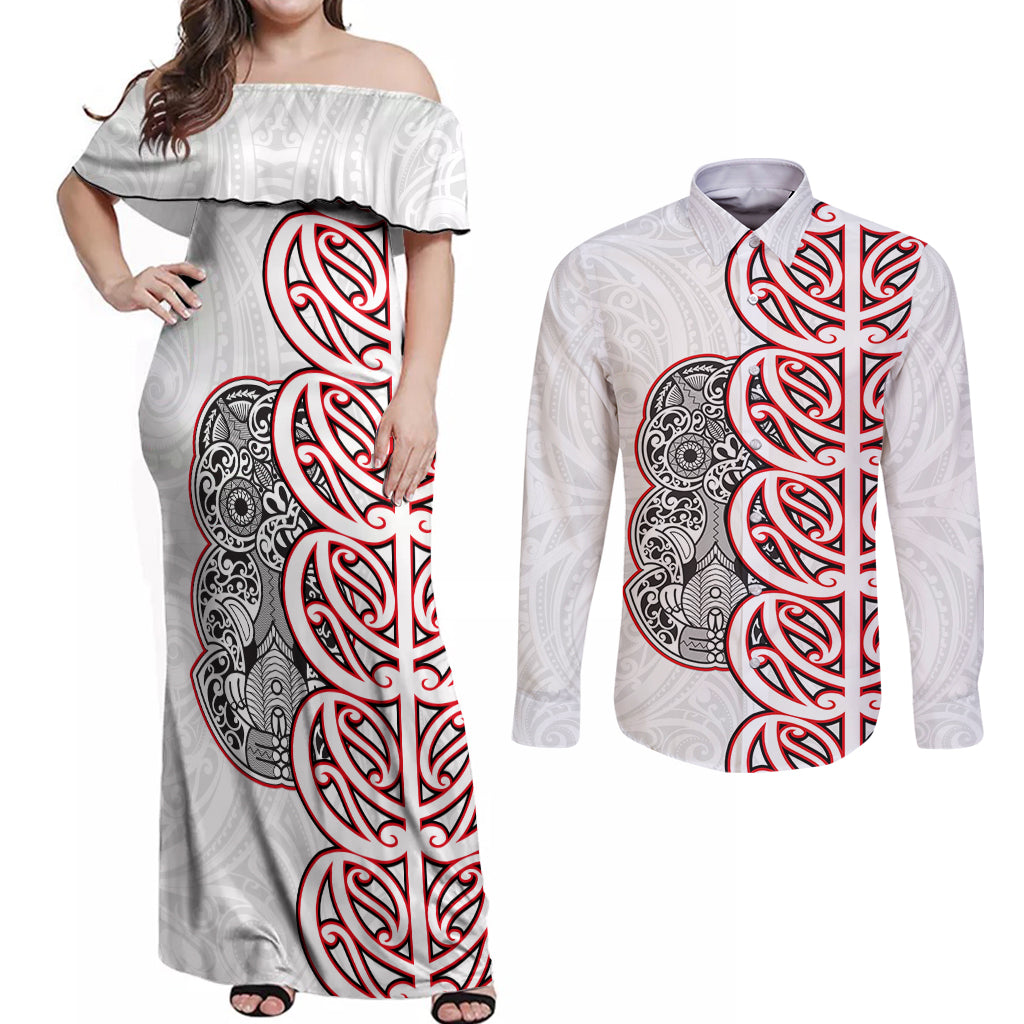 Aotearoa New Zealand Couples Matching Off Shoulder Maxi Dress and Long Sleeve Button Shirt Maori Marae Pattern Tiki LT05 White - Polynesian Pride