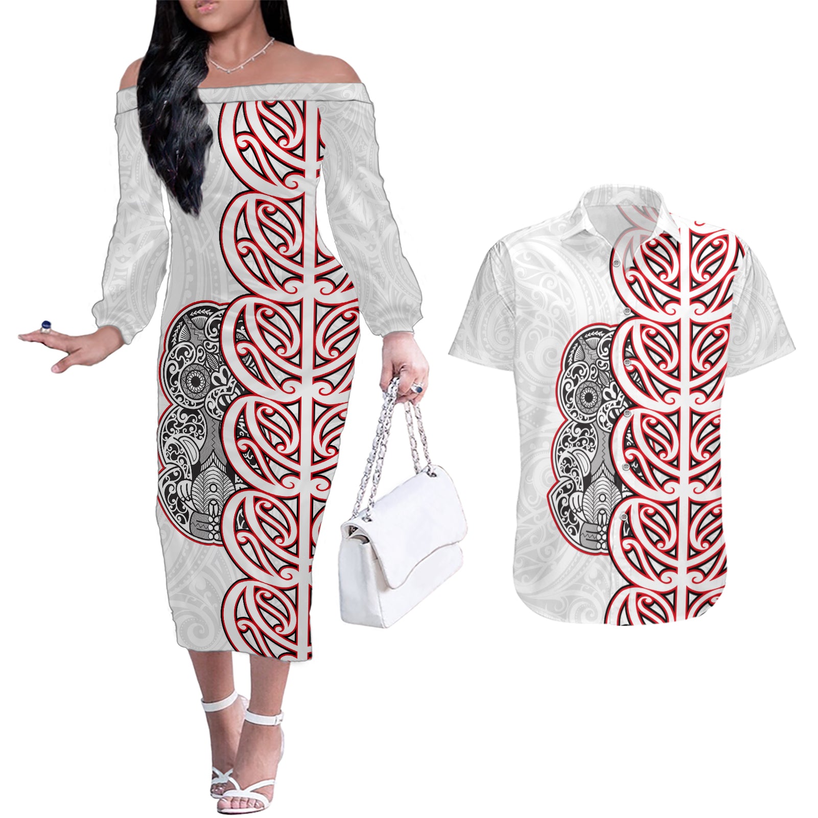 Aotearoa New Zealand Couples Matching Off The Shoulder Long Sleeve Dress and Hawaiian Shirt Maori Marae Pattern Tiki LT05 White - Polynesian Pride